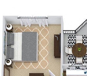The Griffith with Attached Garage 3D The Griffith with Attached Garage 3D. 1 bedroom apartment. Kitchen with island open to living/dinning rooms. 1 full bathroom, double vanity. Walk-in closet. Patio/balcony.